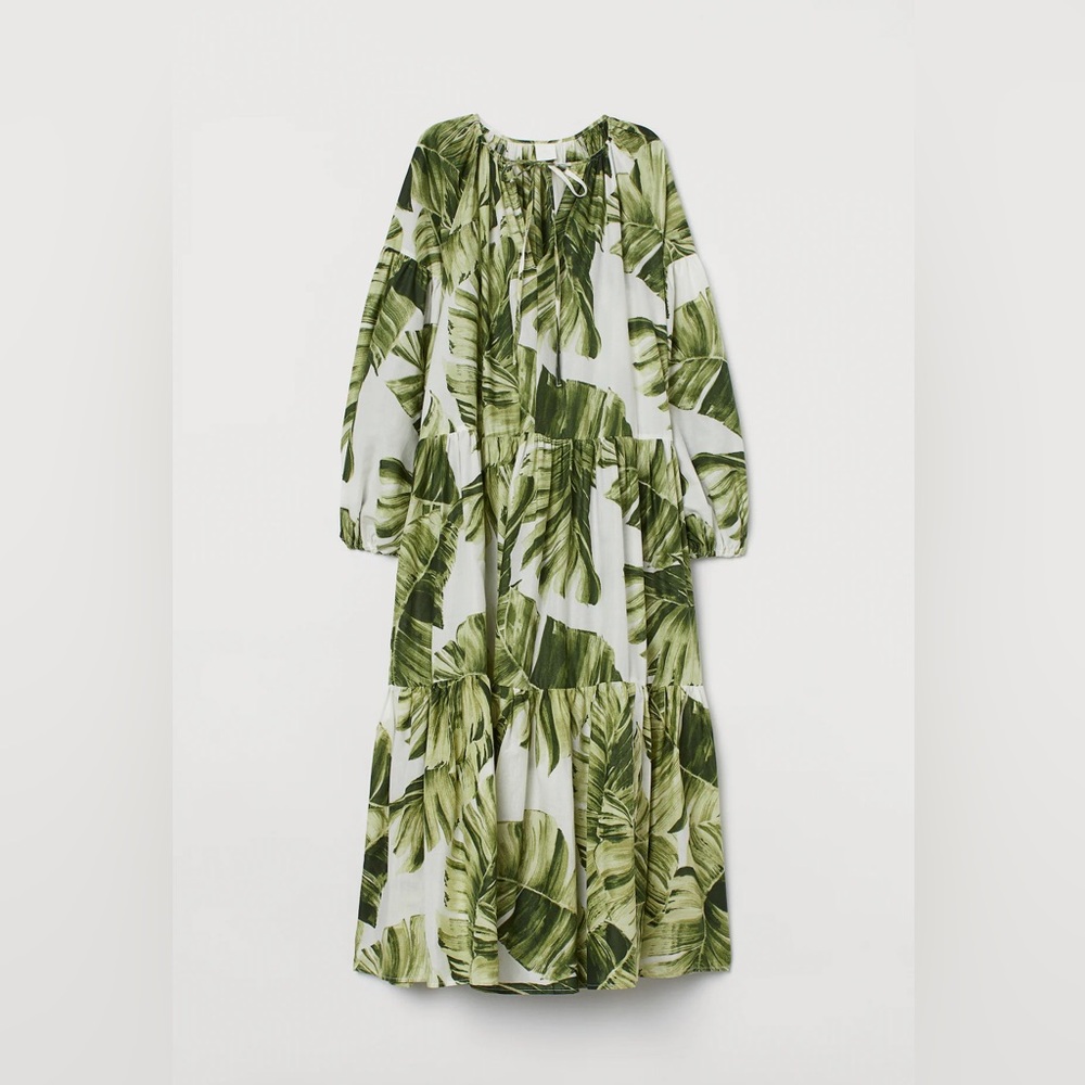 H&M green and white botanical palm print balloon sleeve maxi dress